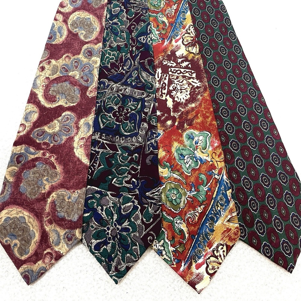 Vintage Silk Tie Lot 4 Paisley Floral Geometric Designer Wide Colorful